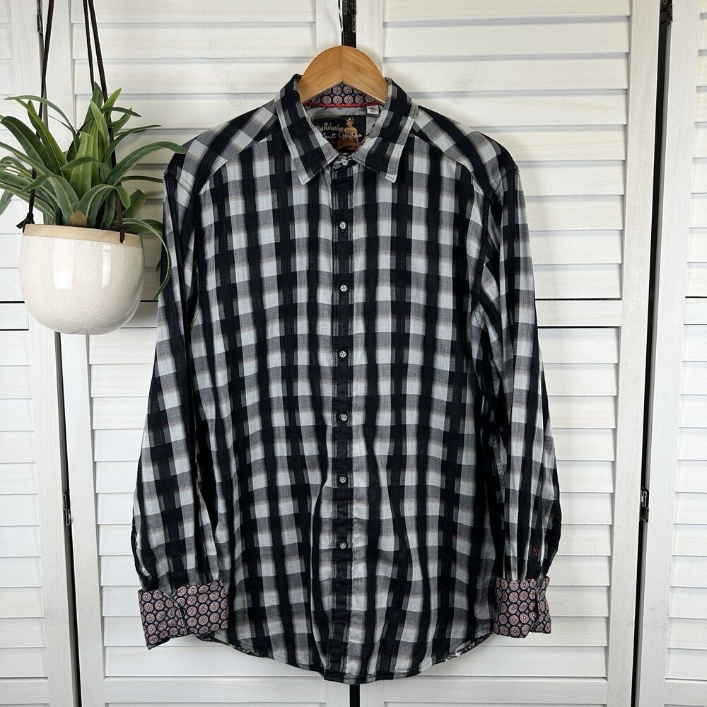 Robert Graham Miss‎ Rumba Black Check Plaid Flip Contrast Cuff Shirt Size XL